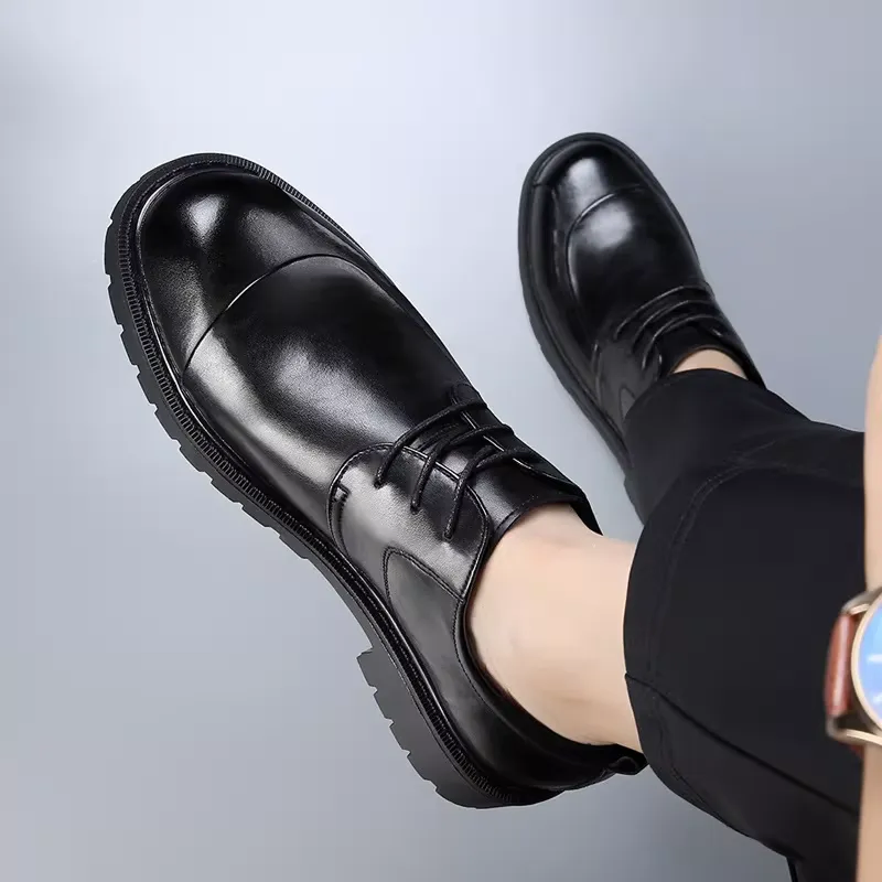 Cowhide Leather Shoes Men's Spring Breathable Height-increasing British Style Casual Business Dress Black High-end Wedding shoes